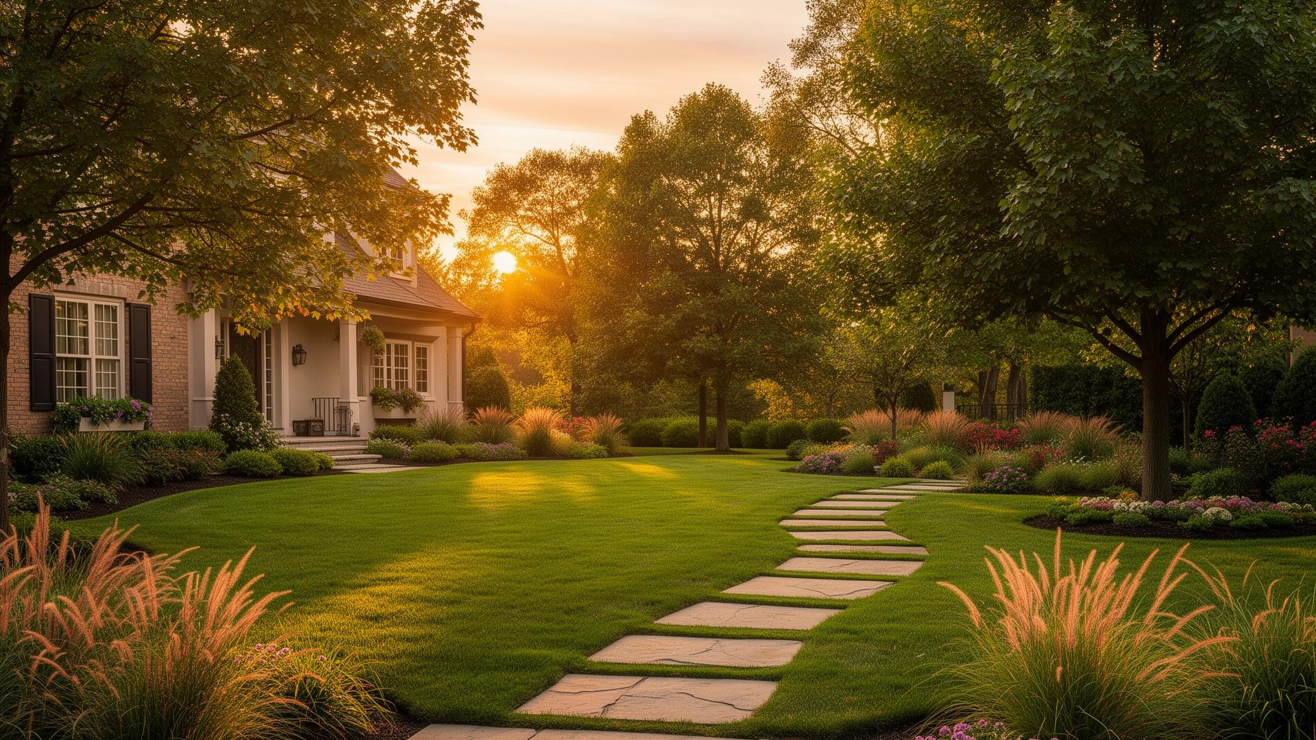 Beautifully landscaped residential property at golden hour